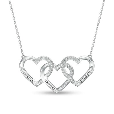 Mother's Diamond Accent Beaded Engravable Interlocking Hearts Necklace in Sterling Silver (3 Lines)