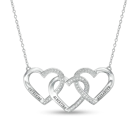 Mother's Diamond Accent Beaded Engravable Interlocking Hearts Necklace in Sterling Silver (3 Lines)