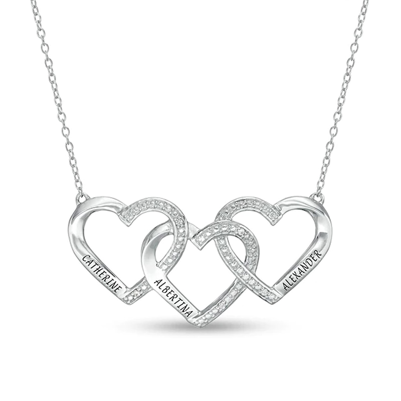 Mother's Diamond Accent Beaded Engravable Interlocking Hearts Necklace in Sterling Silver (3 Lines)