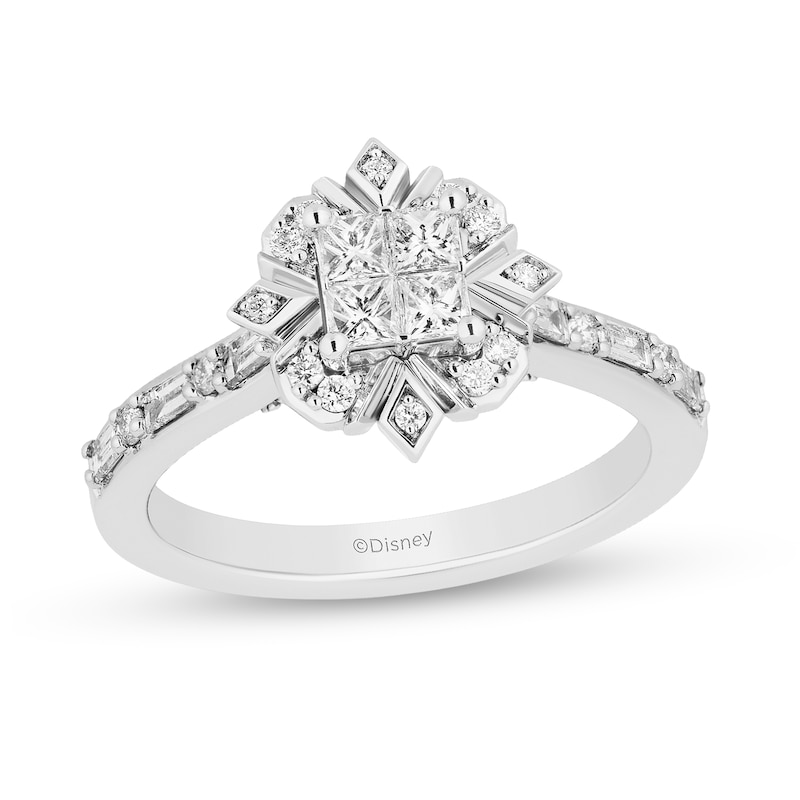 Enchanted Disney Elsa 0.58 CT. T.W. Quad Princess-Cut Diamond Frame Snowflake Engagement Ring in 14K White Gold|Peoples Jewellers