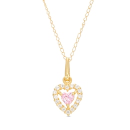 Child's 3.0mm Heart-Shaped Pink Cubic Zirconia Open Frame Pendant in 10K Gold – 15&quot;