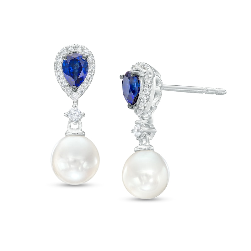 Vera Wang Love Collection Cultured Freshwater Pearl, Blue Sapphire and 0.085 CT. T.W. Diamond Earrings in 10K White Gold