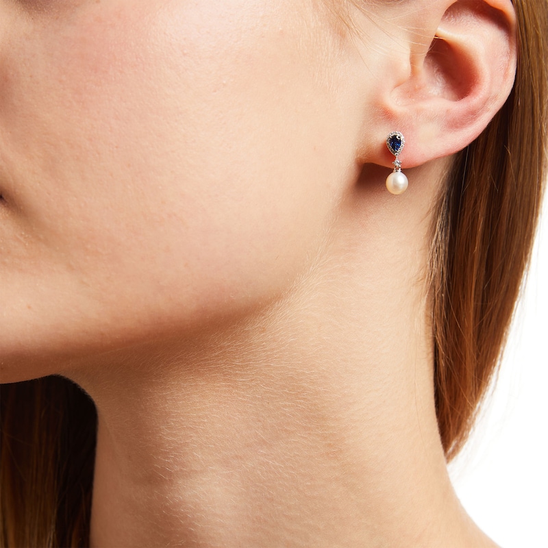 Vera Wang Love Collection Freshwater Cultured Pearl, Blue Sapphire and 0.085 CT. T.W. Diamond Earrings in 10K White Gold
