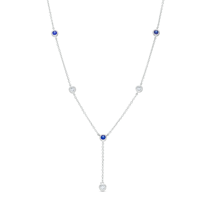 Vera Wang Love Collection Blue Sapphire and 0.18 CT. T.W. Diamond Station "Y" Necklace in 10K White Gold - 19"