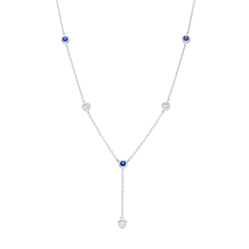 Vera Wang Love Collection Blue Sapphire and 0.18 CT. T.W. Diamond Station "Y" Necklace in 10K White Gold - 19"|Peoples Jewellers