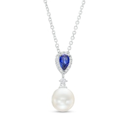 Vera Wang Love Collection Cultured Freshwater Pearl, Blue Sapphire and 0.05 CT. T.W. Diamond Pendant in 10K White Gold