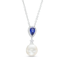 Vera Wang Love Collection Freshwater Cultured Pearl, Blue Sapphire and 0.05 CT. T.W. Diamond Pendant in 10K White Gold