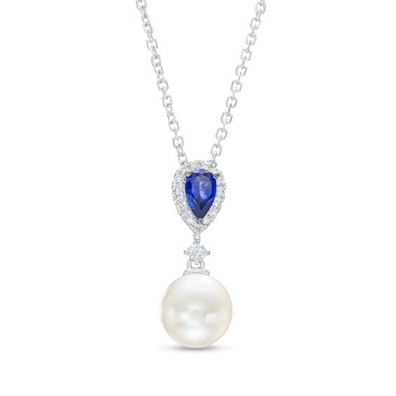 Vera Wang Love Collection Freshwater Cultured Pearl, Blue Sapphire and 0.05 CT. T.W. Diamond Pendant in 10K White Gold