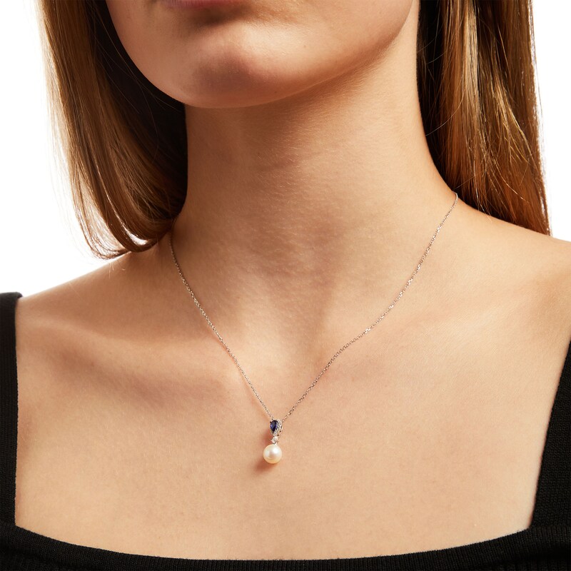 Vera Wang Love Collection Freshwater Cultured Pearl, Blue Sapphire and 0.05 CT. T.W. Diamond Pendant in 10K White Gold