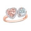 Thumbnail Image 1 of 7.0mm Heart-Shaped Morganite, Pear-Shaped Aquamarine, and 0.20 CT. T.W. Diamond Frame Toi et Moi Ring in 10K Rose Gold