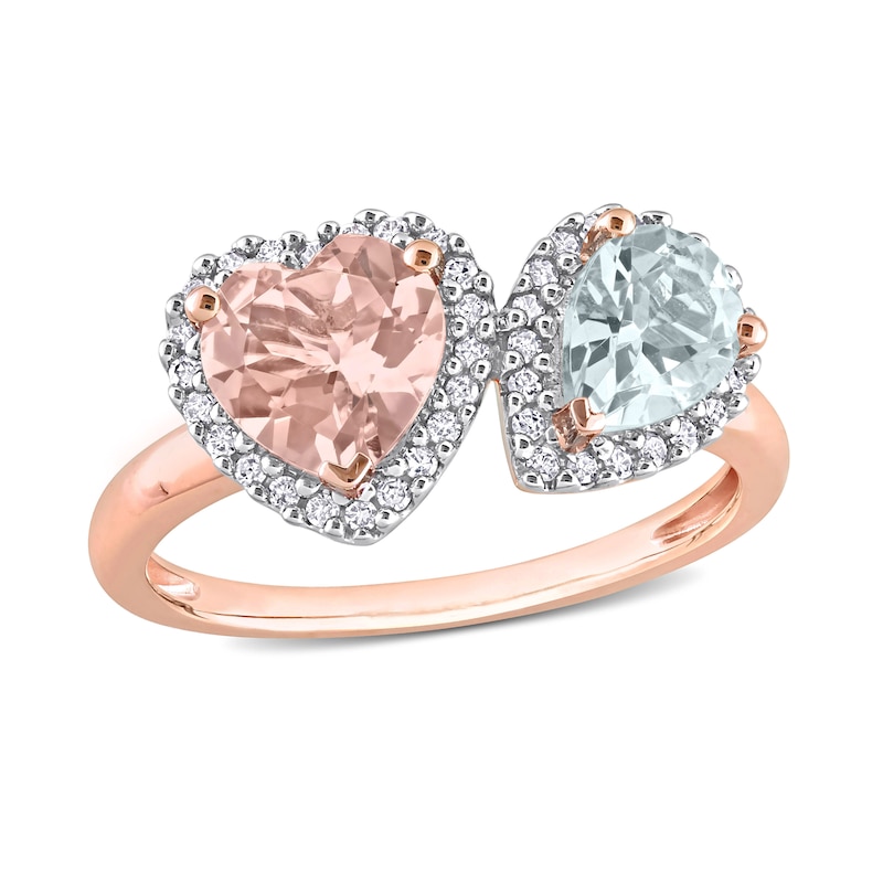 Main Image 1 of 7.0mm Heart-Shaped Morganite, Pear-Shaped Aquamarine, and 0.20 CT. T.W. Diamond Frame Toi et Moi Ring in 10K Rose Gold