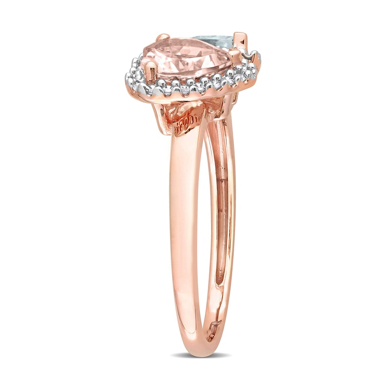 Main Image 3 of 7.0mm Heart-Shaped Morganite, Pear-Shaped Aquamarine, and 0.20 CT. T.W. Diamond Frame Toi et Moi Ring in 10K Rose Gold