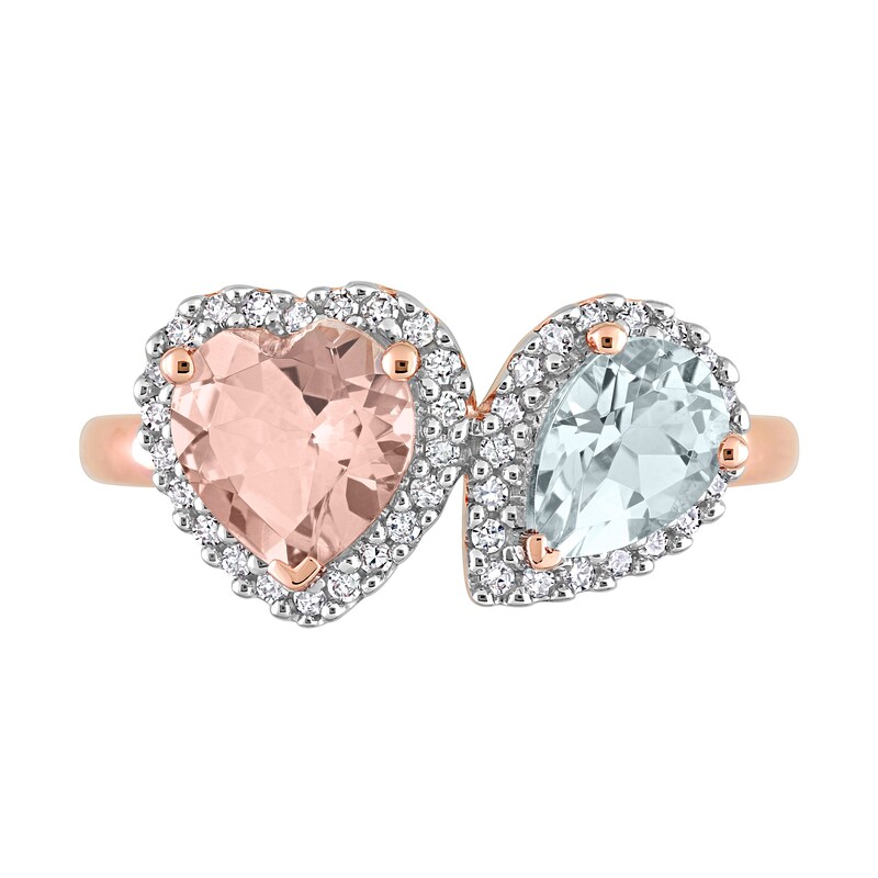 Main Image 4 of 7.0mm Heart-Shaped Morganite, Pear-Shaped Aquamarine, and 0.20 CT. T.W. Diamond Frame Toi et Moi Ring in 10K Rose Gold