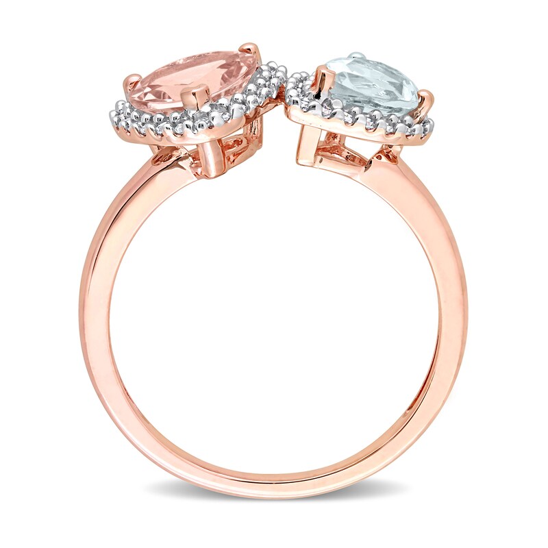 Main Image 5 of 7.0mm Heart-Shaped Morganite, Pear-Shaped Aquamarine, and 0.20 CT. T.W. Diamond Frame Toi et Moi Ring in 10K Rose Gold