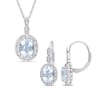 Thumbnail Image 1 of Oval Aquamarine, White Topaz, and 0.065 CT. T.W. Diamond Frame Pendant and Drop Earrings Set in 14K White Gold - 17"