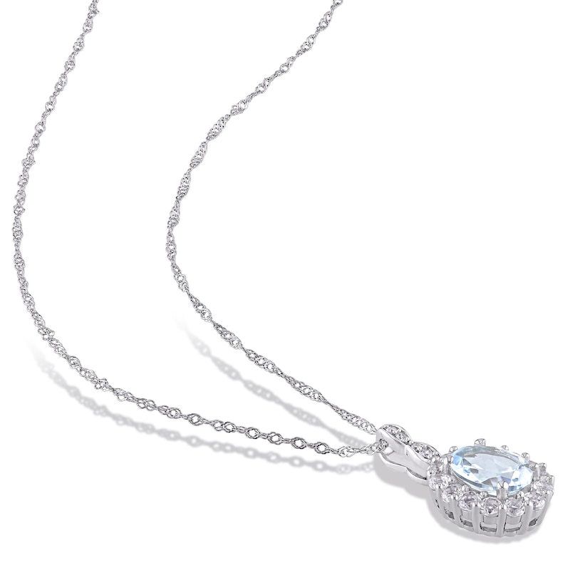 Main Image 4 of Oval Aquamarine, White Topaz, and 0.065 CT. T.W. Diamond Frame Pendant and Drop Earrings Set in 14K White Gold - 17"