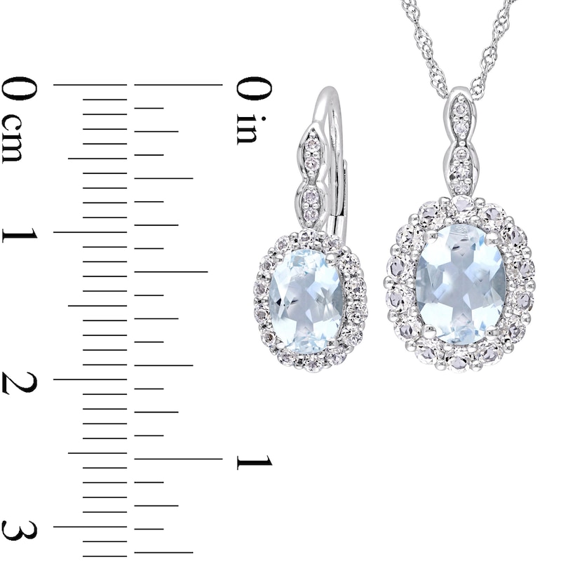 Main Image 5 of Oval Aquamarine, White Topaz, and 0.065 CT. T.W. Diamond Frame Pendant and Drop Earrings Set in 14K White Gold - 17"
