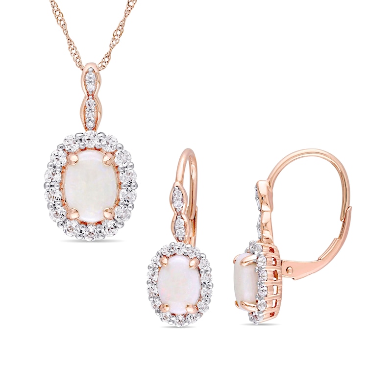 Oval Opal, White Topaz, and 0.065 CT. T.W. Diamond Frame Pendant and Drop Earrings Set in 14K Rose Gold - 17"|Peoples Jewellers