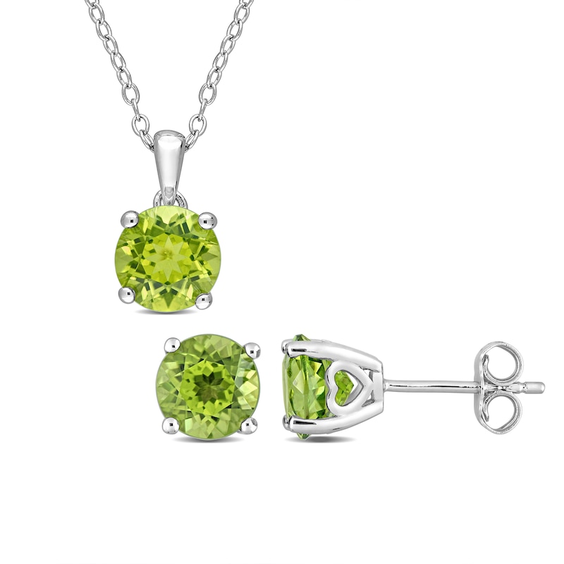 Main Image 1 of 7.0mm Peridot Solitaire Pendant and Stud Earrings Set in Sterling Silver