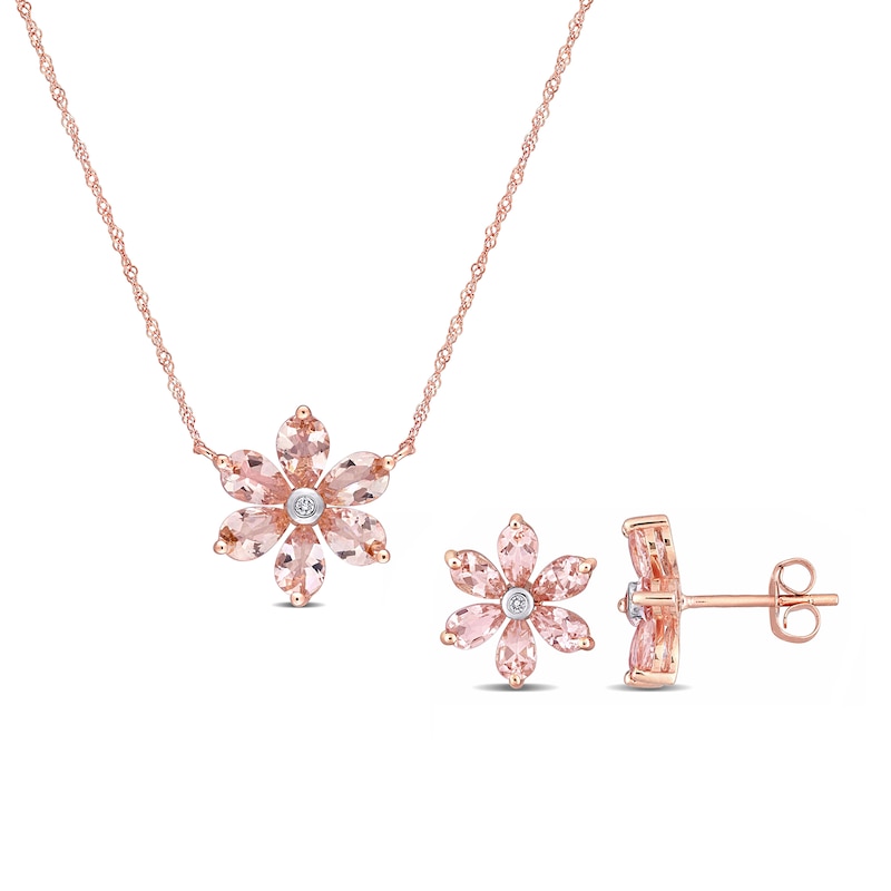 Pear-Shaped Morganite and 0.04 CT. T.W. Diamond Flower Necklace and Stud Earrings Set in 10K Rose Gold - 17"|Peoples Jewellers