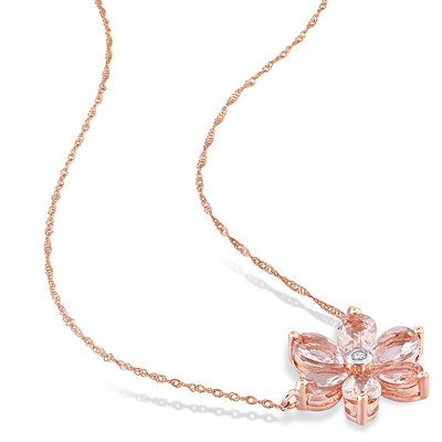Pear-Shaped Morganite and 0.04 CT. T.W. Diamond Flower Necklace and Stud Earrings Set in 10K Rose Gold - 17"
