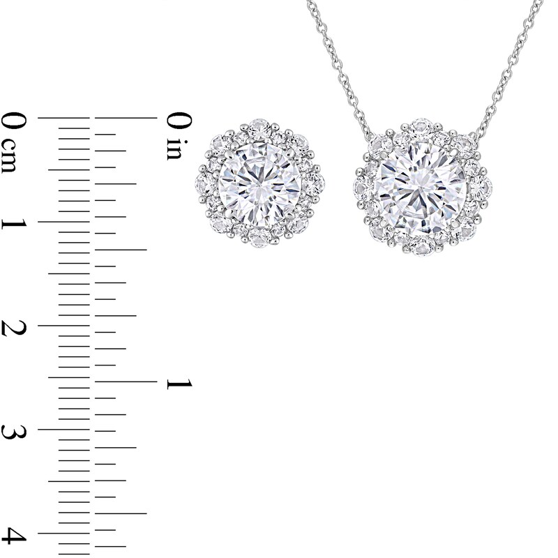 9.0mm White Lab-Created Sapphire Patterned Frame Necklace and Stud Earrings Set in 10K White Gold - 17"