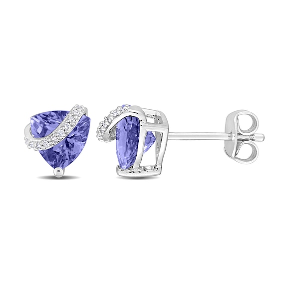 7.0mm Trillion-Cut Tanzanite and 0.06 CT. T.W. Diamond Ribbon Stud Earrings in Sterling Silver