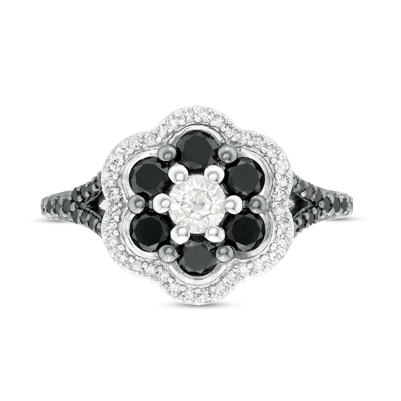 1.25 CT. T.W. Black and White Diamond Double Frame Split Shank Engagement Ring in 10K White Gold