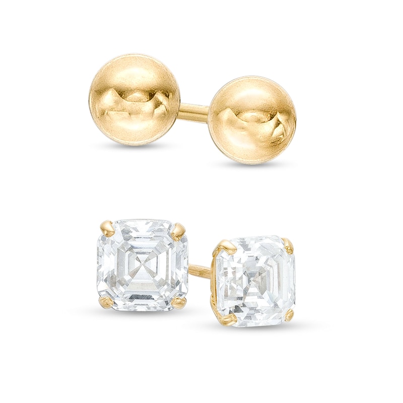6.0mm Asscher-Cut Cubic Zirconia and 4.0mm Ball Stud Earrings Set in 14K Gold|Peoples Jewellers