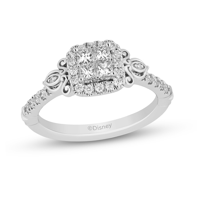 Enchanted Disney Cinderella 0.95 CT. T.W. Quad Princess-Cut Diamond Frame Engagement Ring in 14K White Gold|Peoples Jewellers