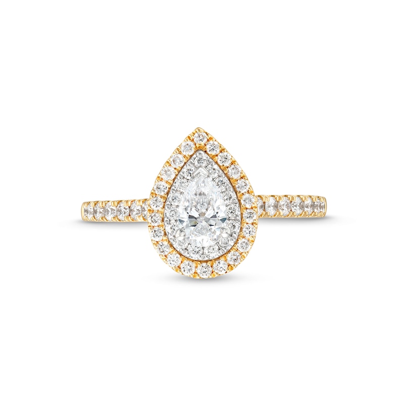 Main Image 4 of 0.83 CT. T.W. Certified Pear-Shaped Double Frame Engagement Ring in 14K Two-Tone Gold (F/SI2)