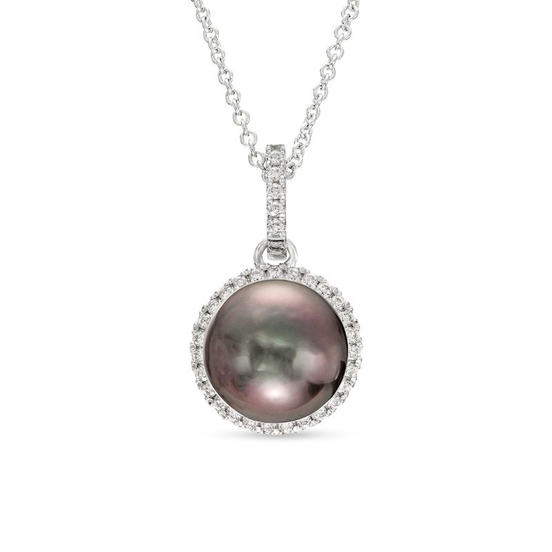 Black Cultured Tahitian Pearl and Diamond Accent Frame Pendant in 14K White Gold