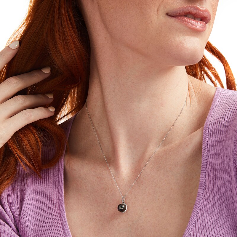 Black Tahitian Cultured Pearl and Diamond Accent Frame Pendant in 14K White Gold