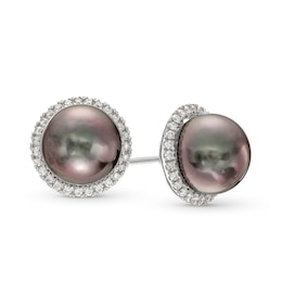 Black Cultured Tahitian Pearl and 0.25 CT. T.W. Diamond Frame Stud Earrings in 14K White Gold