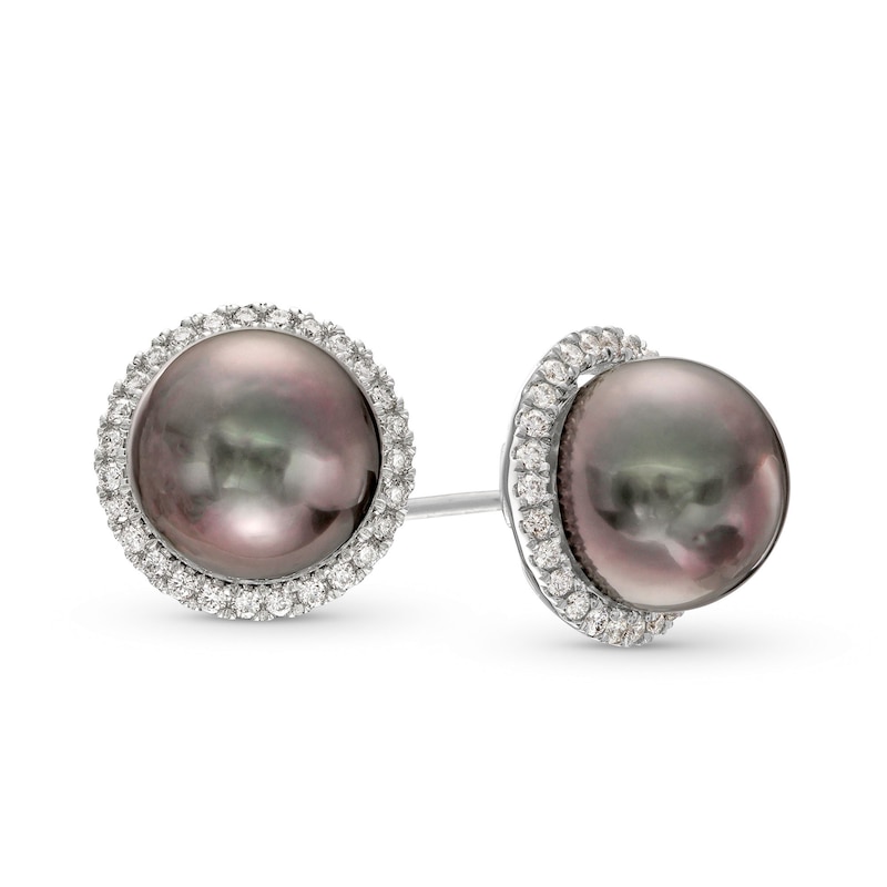 Black Cultured Tahitian Pearl and 0.25 CT. T.W. Diamond Frame Stud Earrings in 14K White Gold