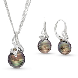 Baroque Black Tahitian Cultured Pearl and White Topaz Flame Pendant and Drop Earrings Set in Sterling Silver-20"