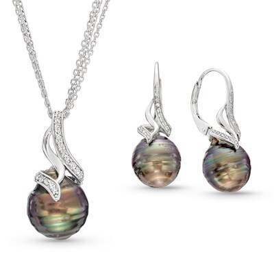 Baroque Black Tahitian Cultured Pearl and White Topaz Flame Pendant and Drop Earrings Set in Sterling Silver-20"