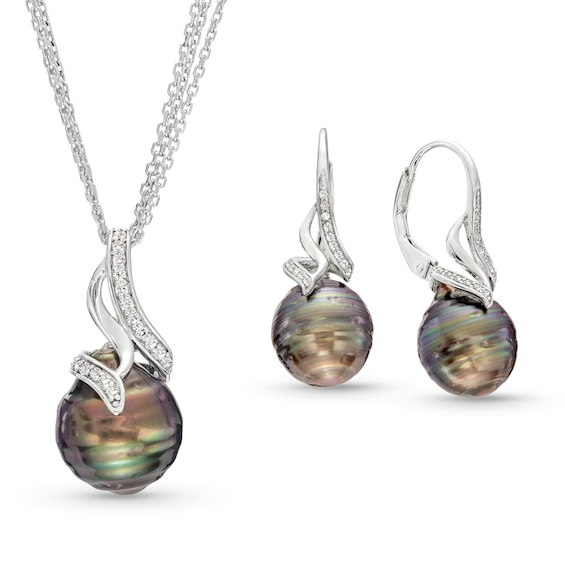Baroque Black Tahitian Cultured Pearl and White Topaz Flame Pendant and Drop Earrings Set in Sterling Silver-20"