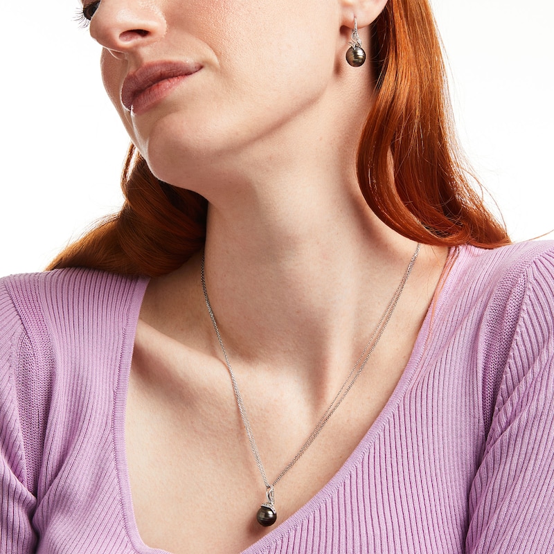 Main Image 2 of Baroque Black Tahitian Cultured Pearl and White Topaz Flame Pendant and Drop Earrings Set in Sterling Silver-20"