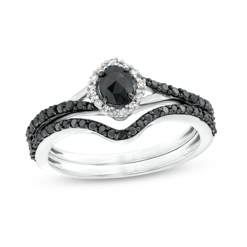 Main Image 1 of 0.51 CT. T.W. Oval Black and White Diamond Frame Split Shank Bridal Set in 10K White Gold