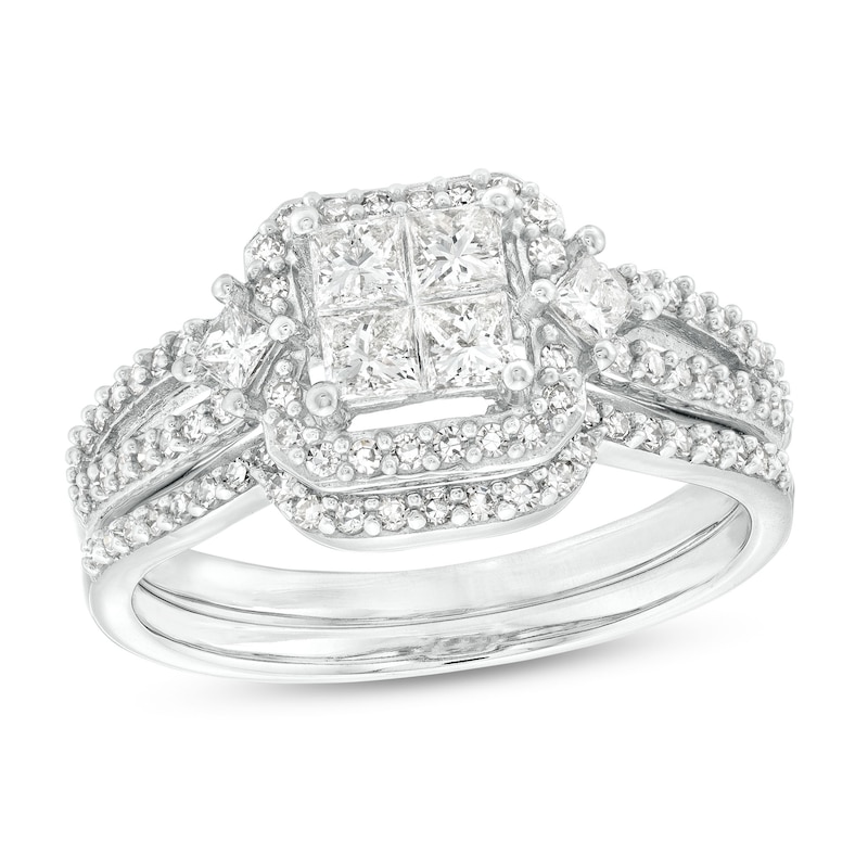 0.83 CT. T.W. Quad Princess-Cut Diamond Frame Split Shank Bridal Set in 10K White Gold (H/I1)