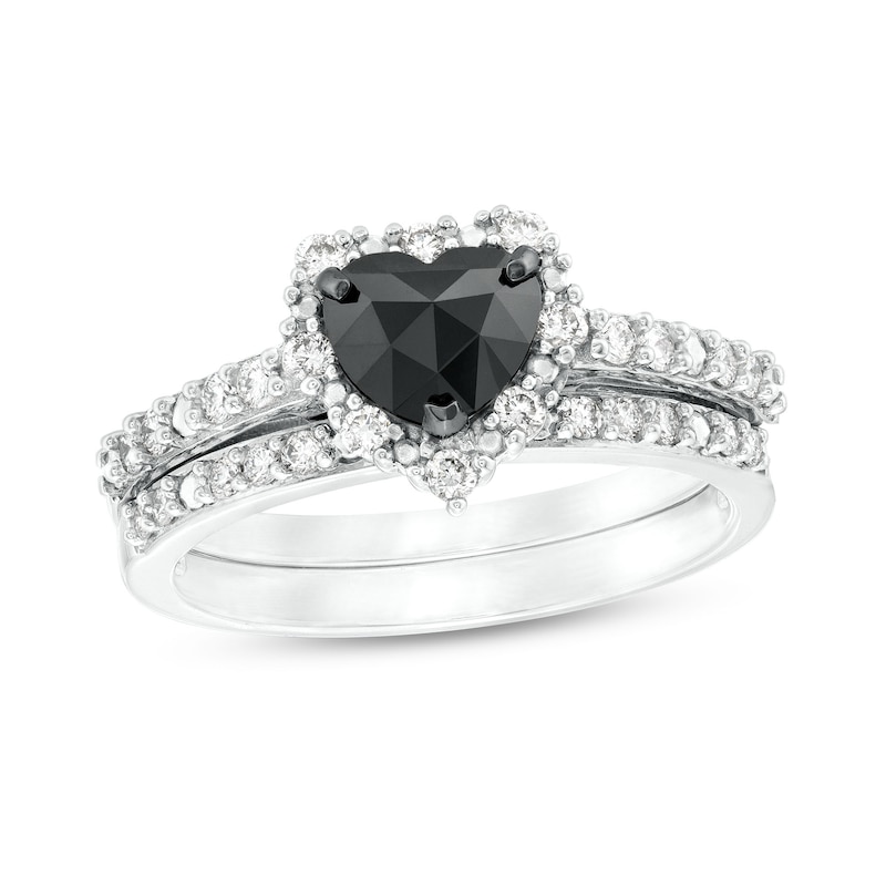 Main Image 1 of 1.02 CT. T.W. Heart-Shaped Black and White Diamond Frame Bridal Set in 10K White Gold