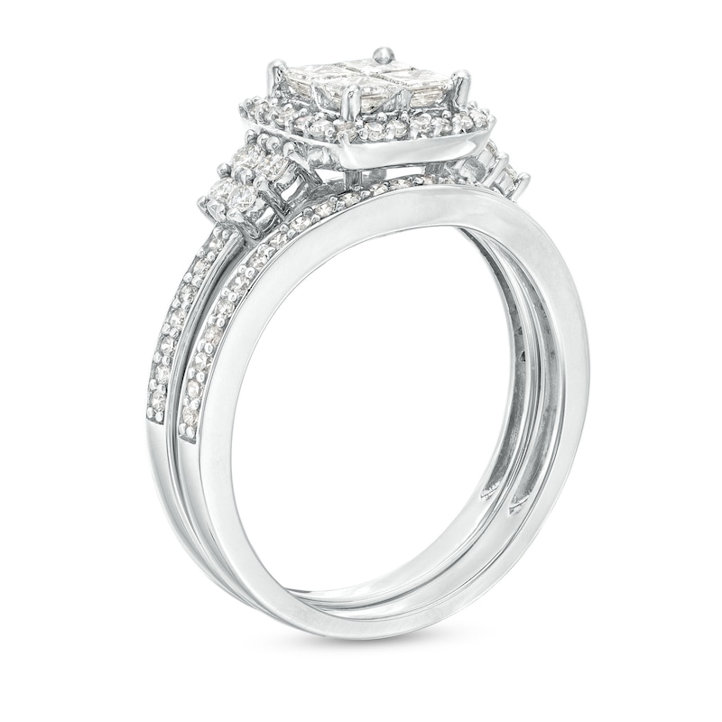 0.93 CT. T.W. Quad Princess-Cut Diamond Frame Bridal Set in 10K White Gold (H/I1)