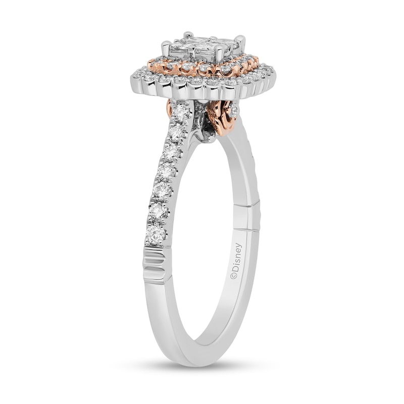 Enchanted Disney Belle 0.95 CT. T.W. Quad Princess-Cut Diamond Scallop Frame Engagement Ring in 14K Two-Tone Gold
