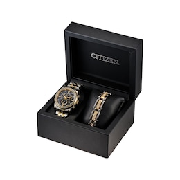 Men's Citizen Eco-Drive® Crystal Two-Tone Chronograph Watch with Black Dial and Bracelet Box Set (Model: AT2454-65E)