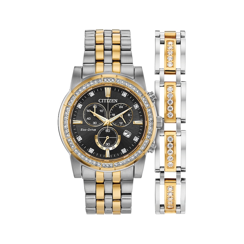 Main Image 2 of Men's Citizen Eco-Drive® Crystal Two-Tone Chronograph Watch with Black Dial and Bracelet Box Set (Model: AT2454-65E)