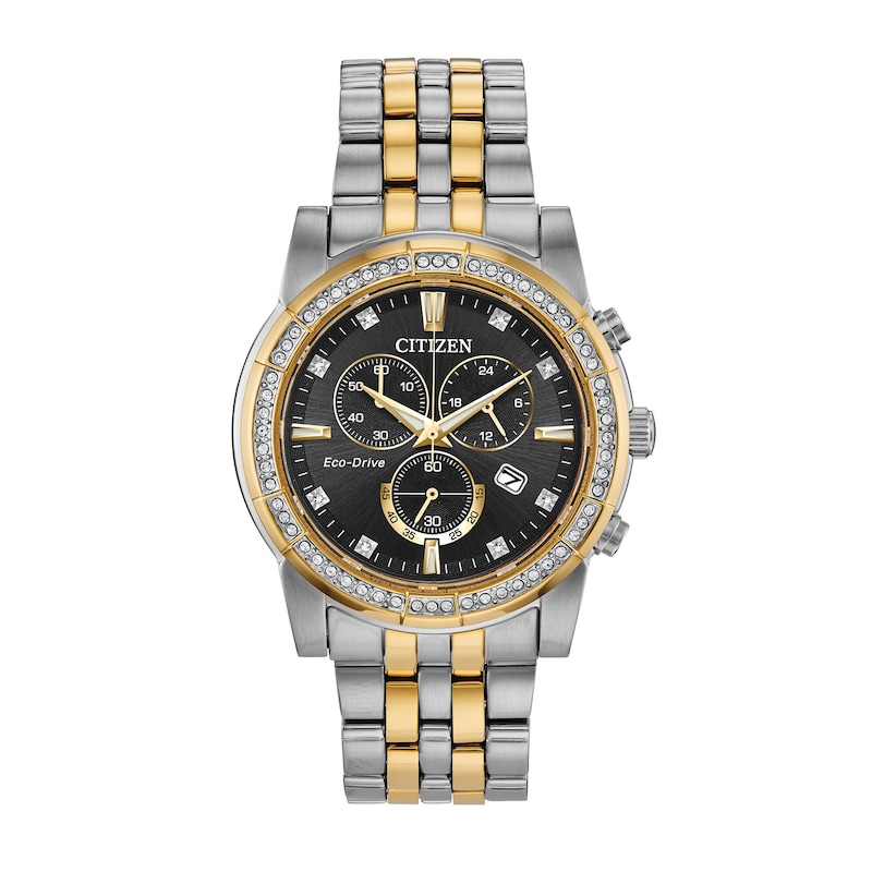 Main Image 3 of Men's Citizen Eco-Drive® Crystal Two-Tone Chronograph Watch with Black Dial and Bracelet Box Set (Model: AT2454-65E)
