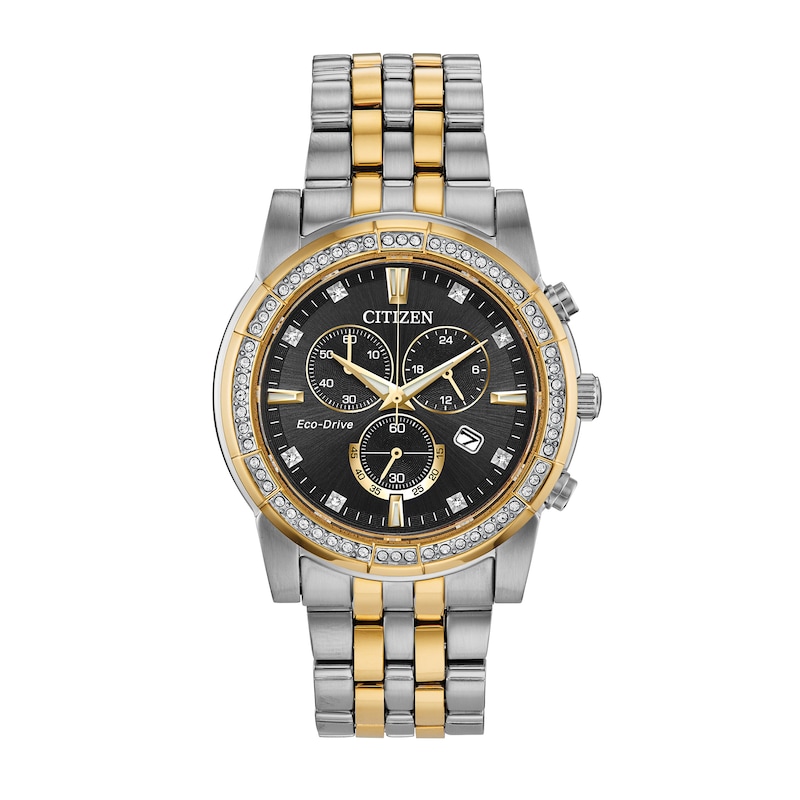 Men's Citizen Eco-Drive® Crystal Two-Tone Chronograph Watch with Black Dial and Bracelet Box Set (Model: AT2454-65E)