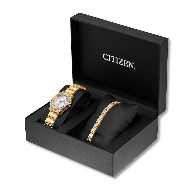 Ladies' Citizen Eco-Drive® Crystal Gold-Tone Watch with Mother-of-Pearl Dial and Bracelet Set (Model: EW1907-78D)|Peoples Jewellers