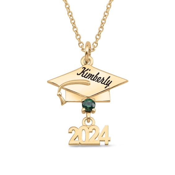 Gemstone Engravable 2023 Graduation Cap Pendant (1 Stone and Line)